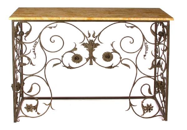 Appraisal: A wrought metal and marble topped console table height in