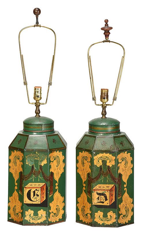 Appraisal: Pair British Green Tole Tea Canister Lamps late th century