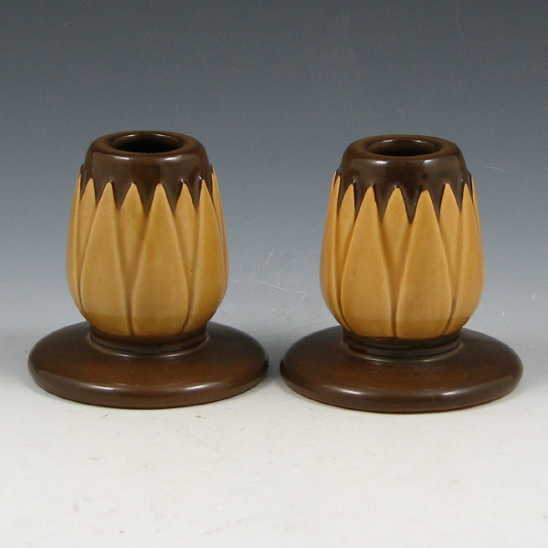 Appraisal: Pair of Roseville Lotus candlesticks in brown and tan Marked