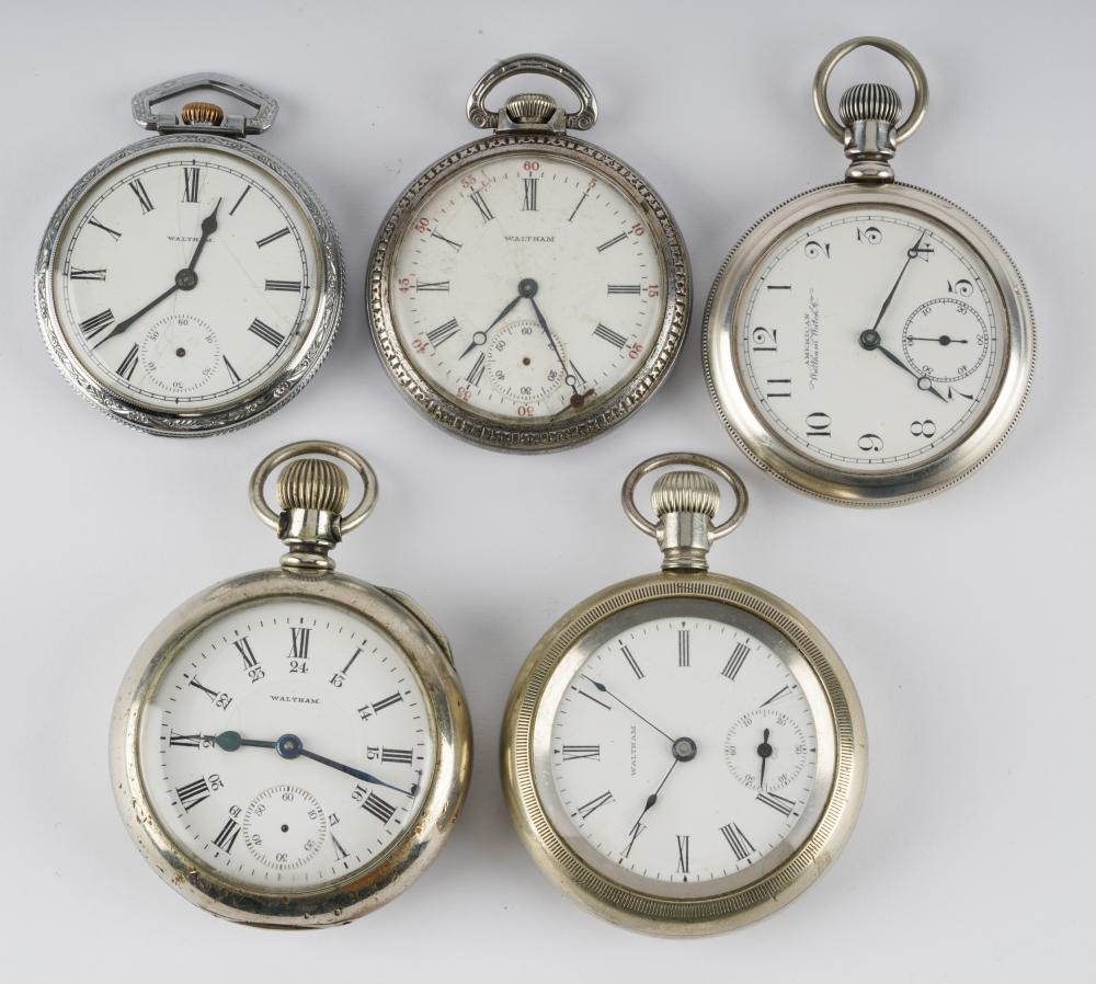 Appraisal: FIVE WALTHAM POCKET WATCHES s Early Fahys no two piece