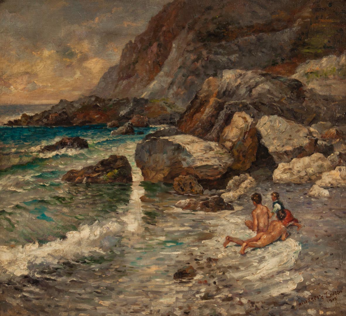 Appraisal: Giuseppe Laezza Figures on a Beach oil on canvas Italian