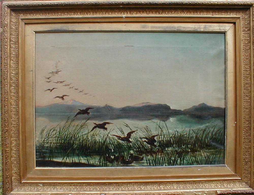 Appraisal: thC School Ducks over water at dusk oil on canvas