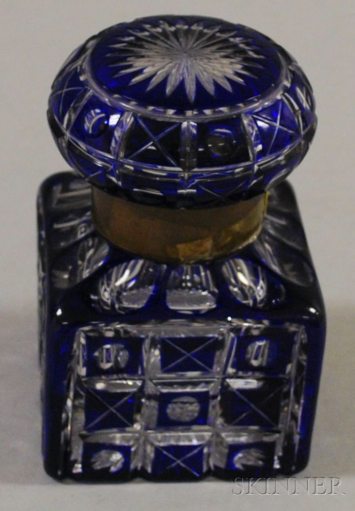 Appraisal: Cobalt-cut-to-Clear Glass Inkwell wd in