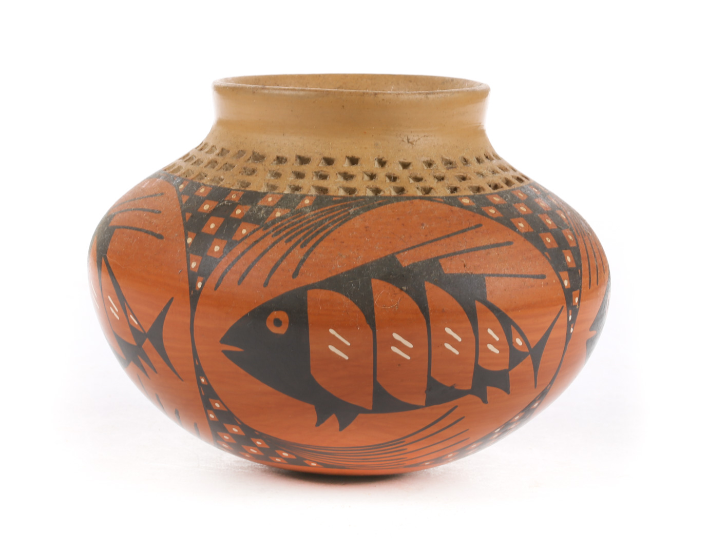 Appraisal: Taos School painted pottery vase with stylized painted fish decoration