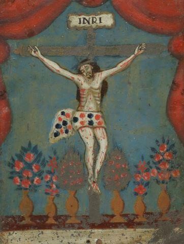 Appraisal: Framed oil on tin retablo Mexico depicting a crucified Christ