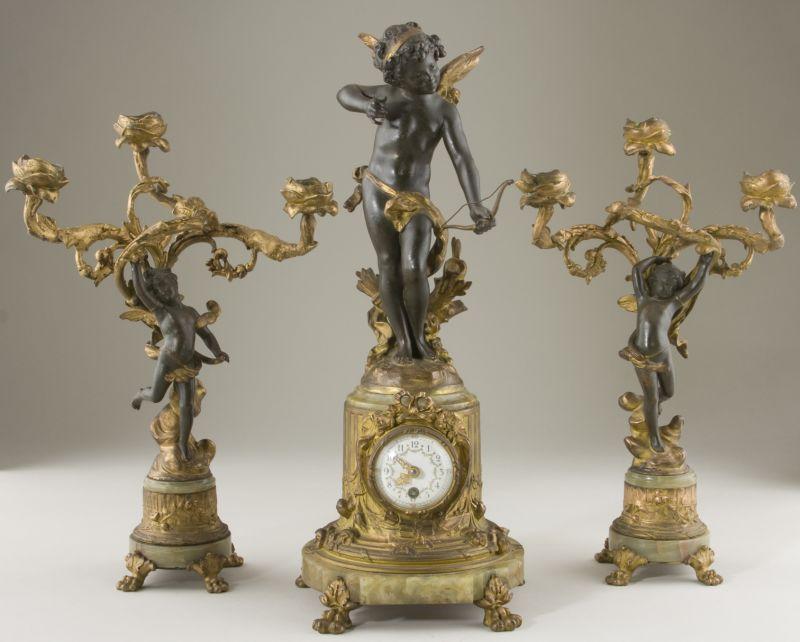 Appraisal: French Art Nouveau Clock Garniture Set centerpiece consists of onyx