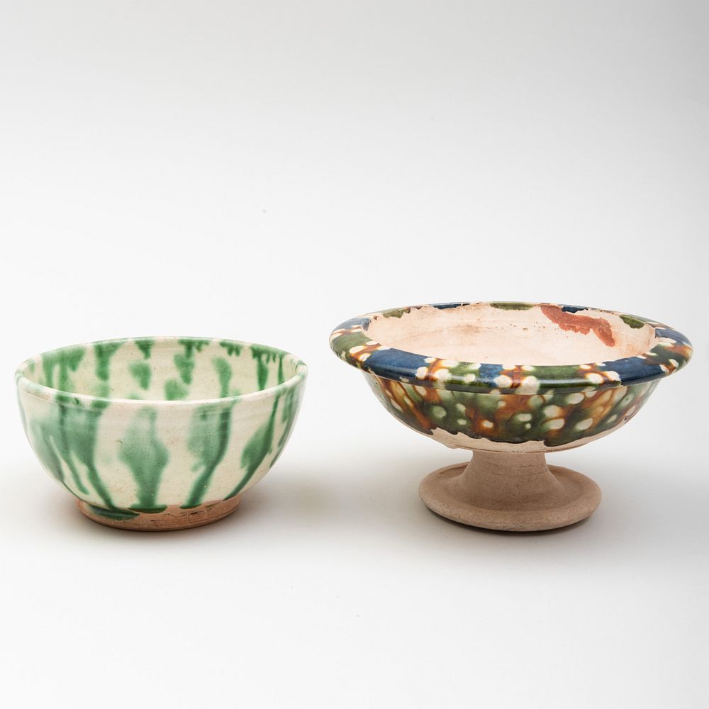 Appraisal: Two Chinese Tang Style Speckle Glazed Dishes Comprising A footed