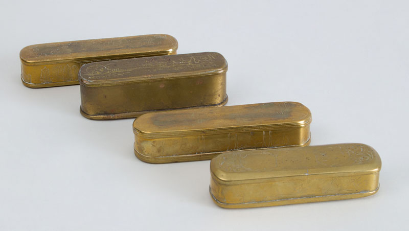 Appraisal: FOUR DUTCH TH CENTURY ENGRAVED BRASS TOBACCO BOXES One lid