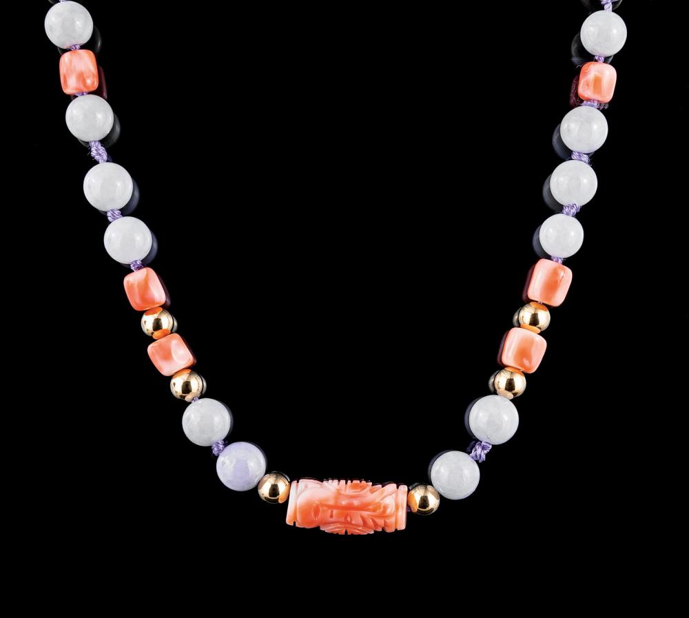 Appraisal: Yellow Gold Lavender Jadeite and Angel Skin Coral Necklace l