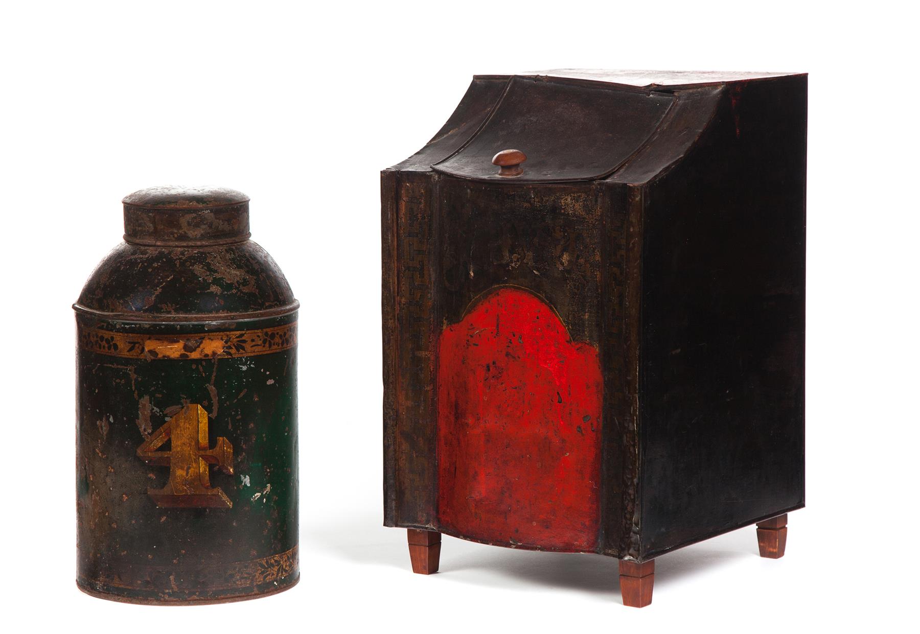 Appraisal: TWO STORE TIN CONTAINERS American nd half- th century Black