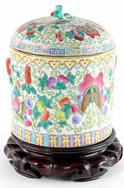 Appraisal: Chinese Export Porcelain Canisterfamille rose palette removable cover with figural