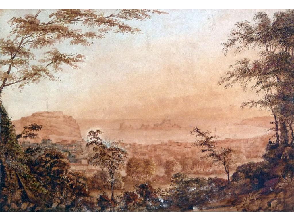 Appraisal: UNATTRIBUTED TH CENTURY WATERCOLOUR DRAWINGCoastal scene from woodland possibly Malta