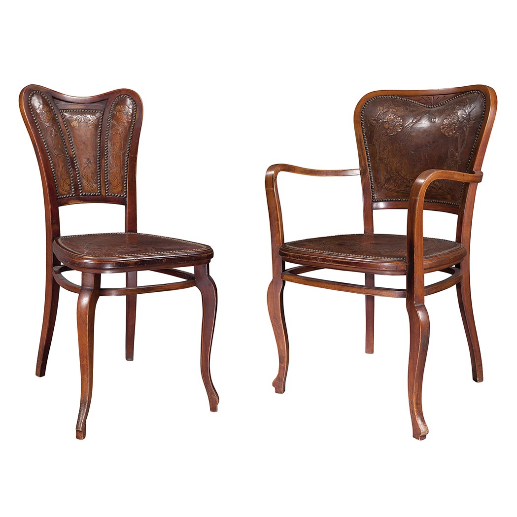 Appraisal: Austrian Art Nouveau Mahogany Stained Leather Upholstered and Caned Armchair