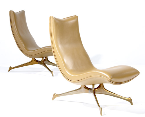 Appraisal: VLADIMIR KAGAN Pair of Trisymmetric lounge chairs on bronze bases