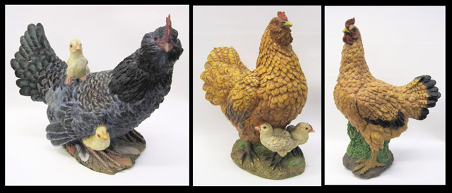 Appraisal: THREE RESIN SCULPTURES OF CHICKENS ROOSTERS chickens having two chicks