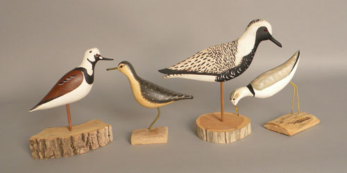 Appraisal: Four shorebird decoys late th c sandpiper signed Jim Pat