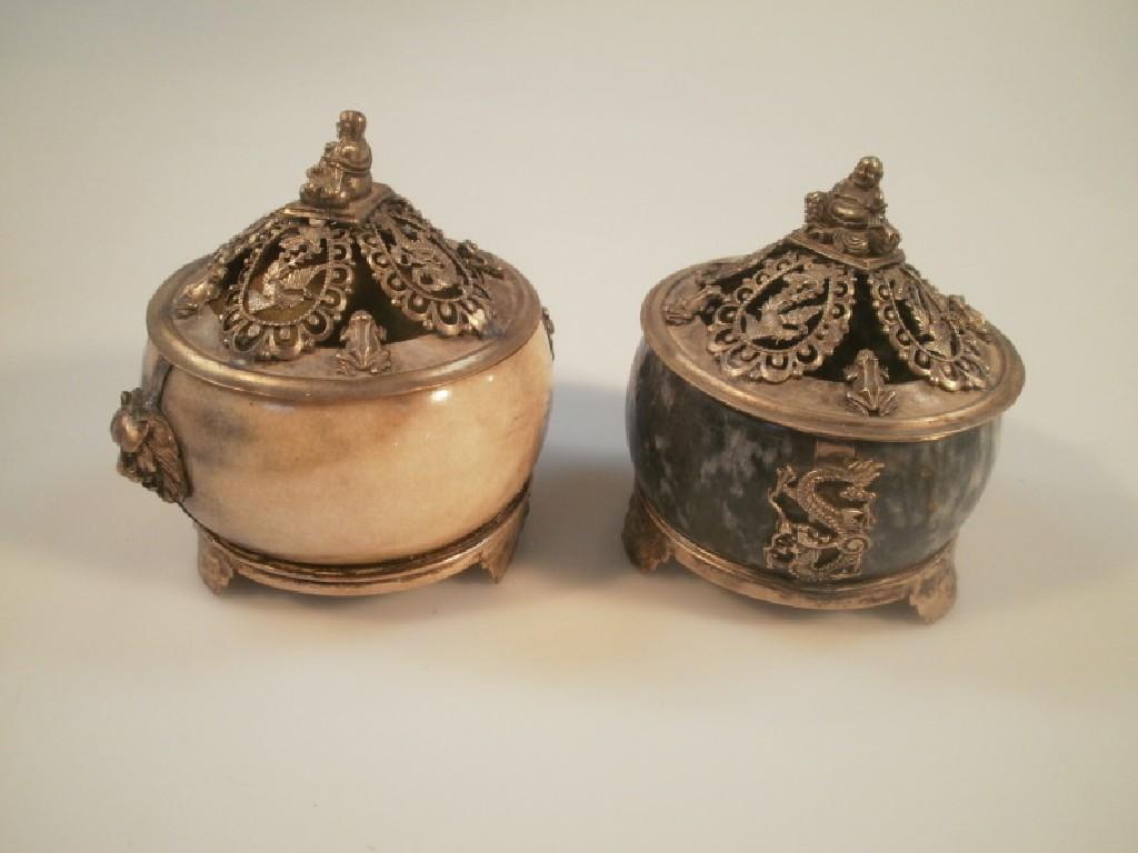 Appraisal: Two thC Chinese onyx incense burners on metal plinths with