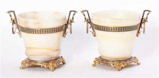 Appraisal: Pair French ormolu-mounted onyx cachepots late th century turned flower-pot