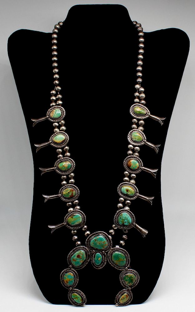 Appraisal: JEWELRY Signed Turquoise Squash Blossom Necklace Old pawn silver squash