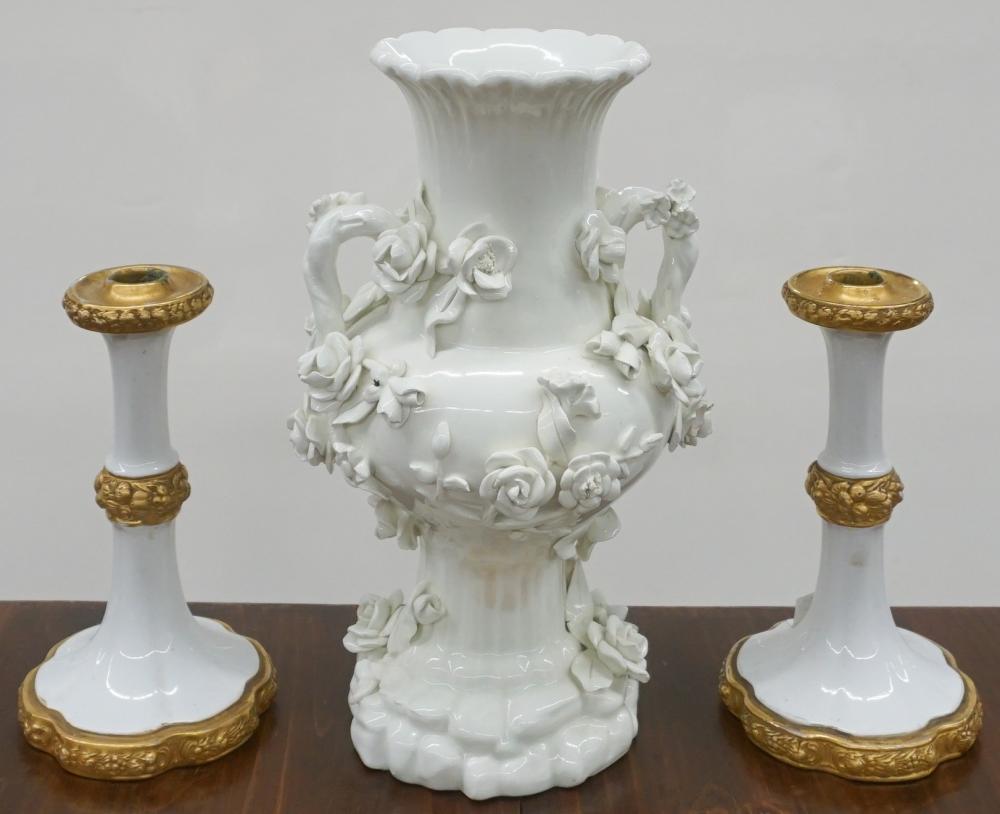 Appraisal: PAIR ROSENTHAL METAL MOUNTED PORCELAIN CANDLESTICKS AND A SPANISH PORCELAIN