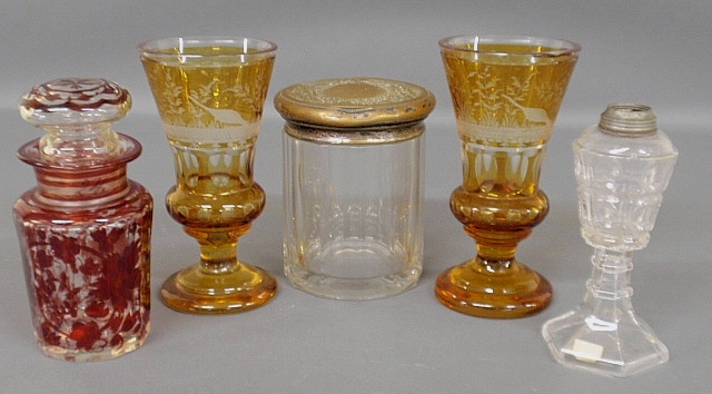 Appraisal: - Pair of amber Bohemia glass vases as found h