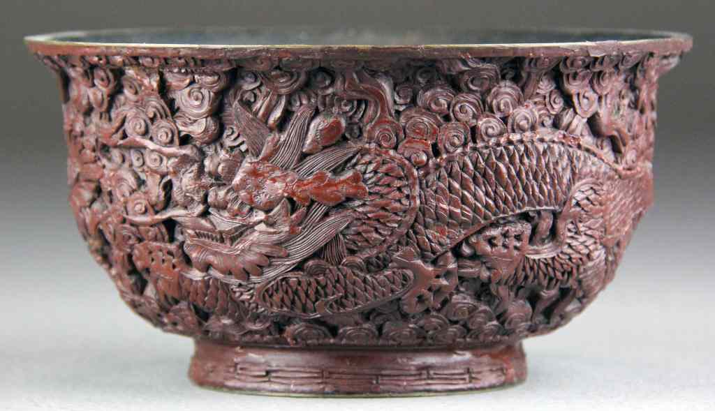 Appraisal: Chinese Qing Lacquer Wood Carved BowlFinely carved and lacquered to