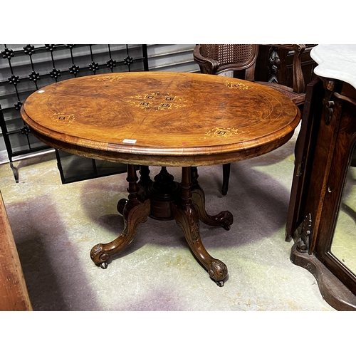 Appraisal: Antique Victorian inlaid walnut oval table well carved base approx