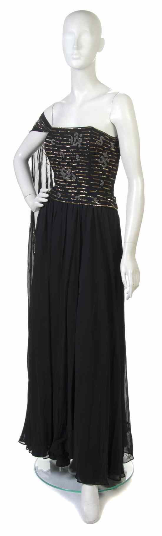 Appraisal: A Ceil Chapman Black Silk Chiffon Sequin and Beaded Evening