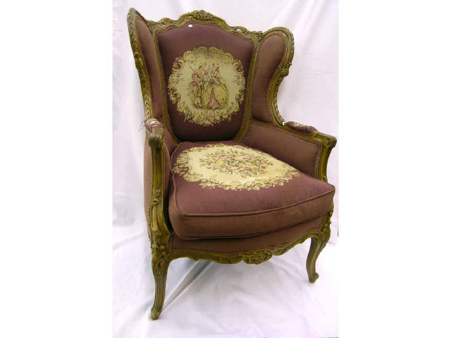 Appraisal: French style upholstered wing chair with down cushion needlepoint floral