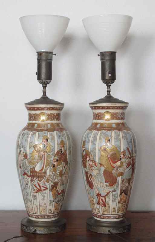 Appraisal: PAIR OF JAPANESE SATSUMA VASES LAMPS Scholarly figures on a