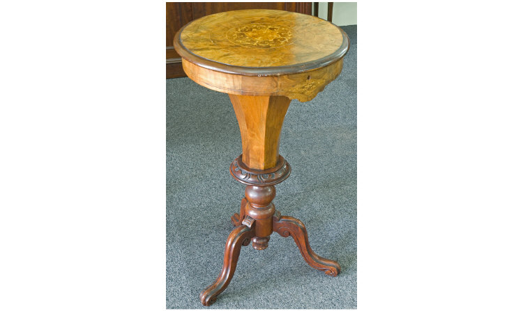 Appraisal: Victorian Burr Walnut Work Table With marquetry inlaid hinged top