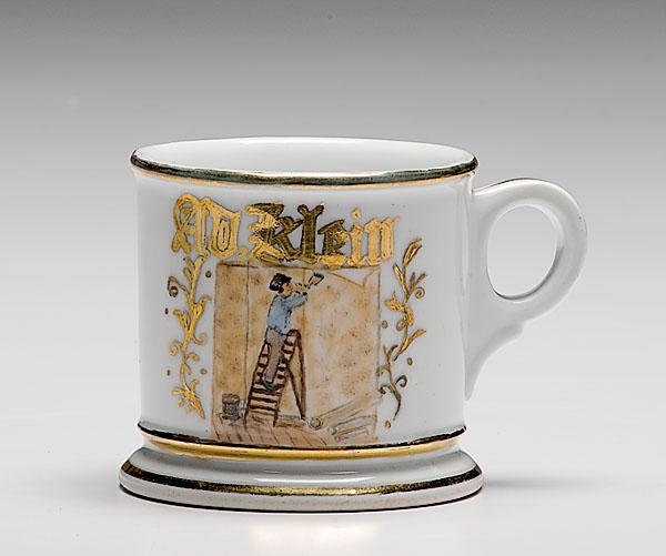 Appraisal: WALLPAPER HANGER'S OCCUPATIONAL SHAVING MUG porcelain with polychrome painted scene