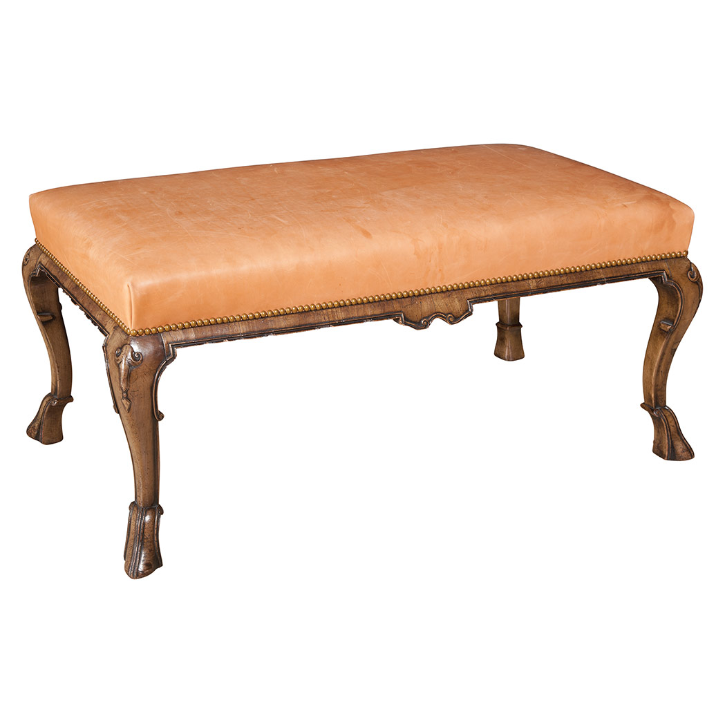 Appraisal: Queen Anne Style Walnut Bench The leather upholstered rectangular seat