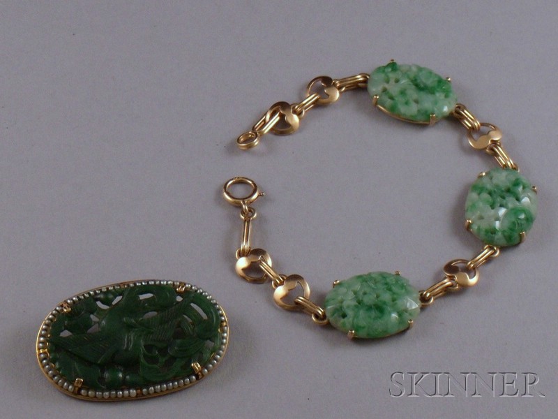 Appraisal: kt Gold and Jade Bracelet and a kt Gold Carved