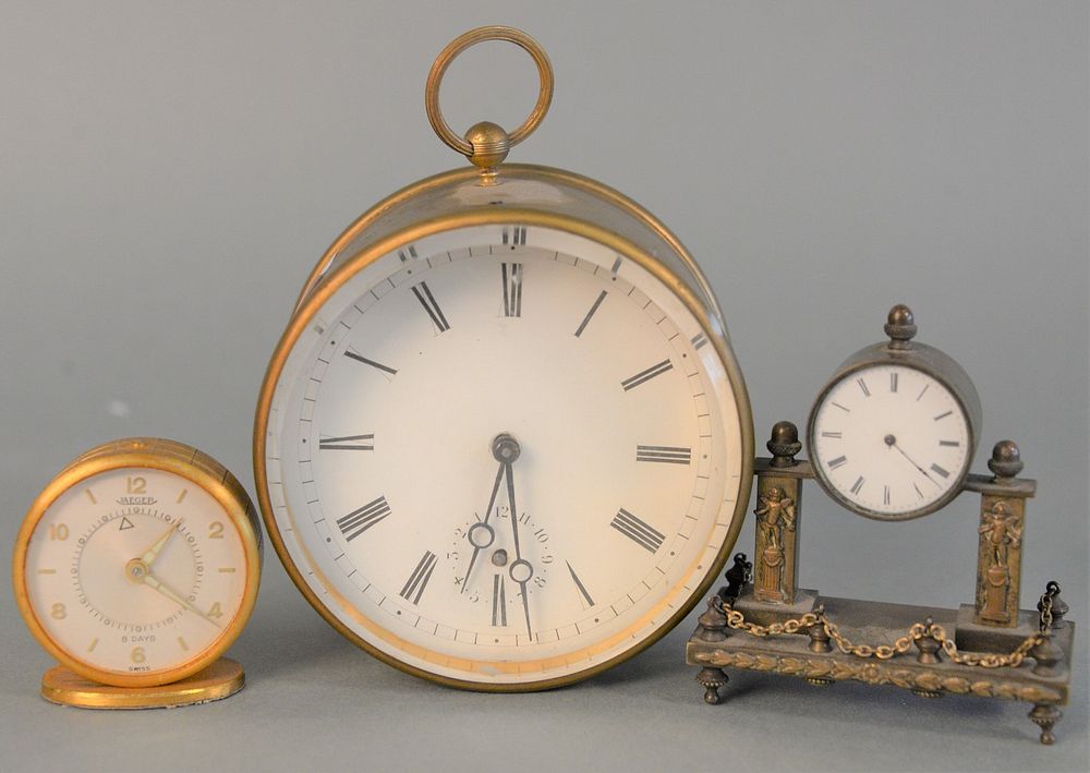 Appraisal: Three Small Travel Size Clocks to include Jaeger day bronze