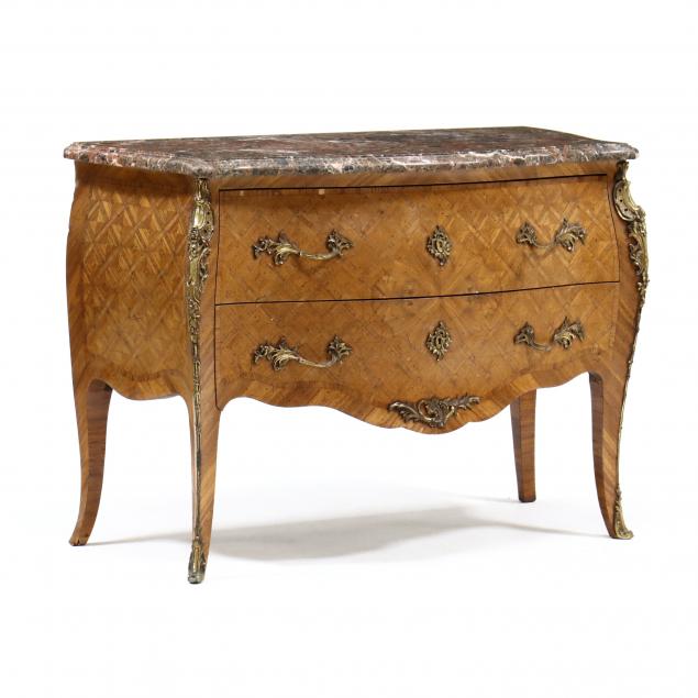 Appraisal: J B MOREAU FRENCH MARBLE TOP ORMOLU AND PARQUETRY INLAID