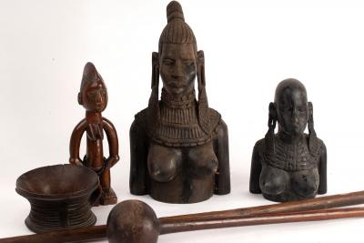 Appraisal: A group of Tribal items to include carved wood figures