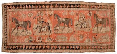 Appraisal: Pictorial Caucasian rug central panel with dogs and striding horses