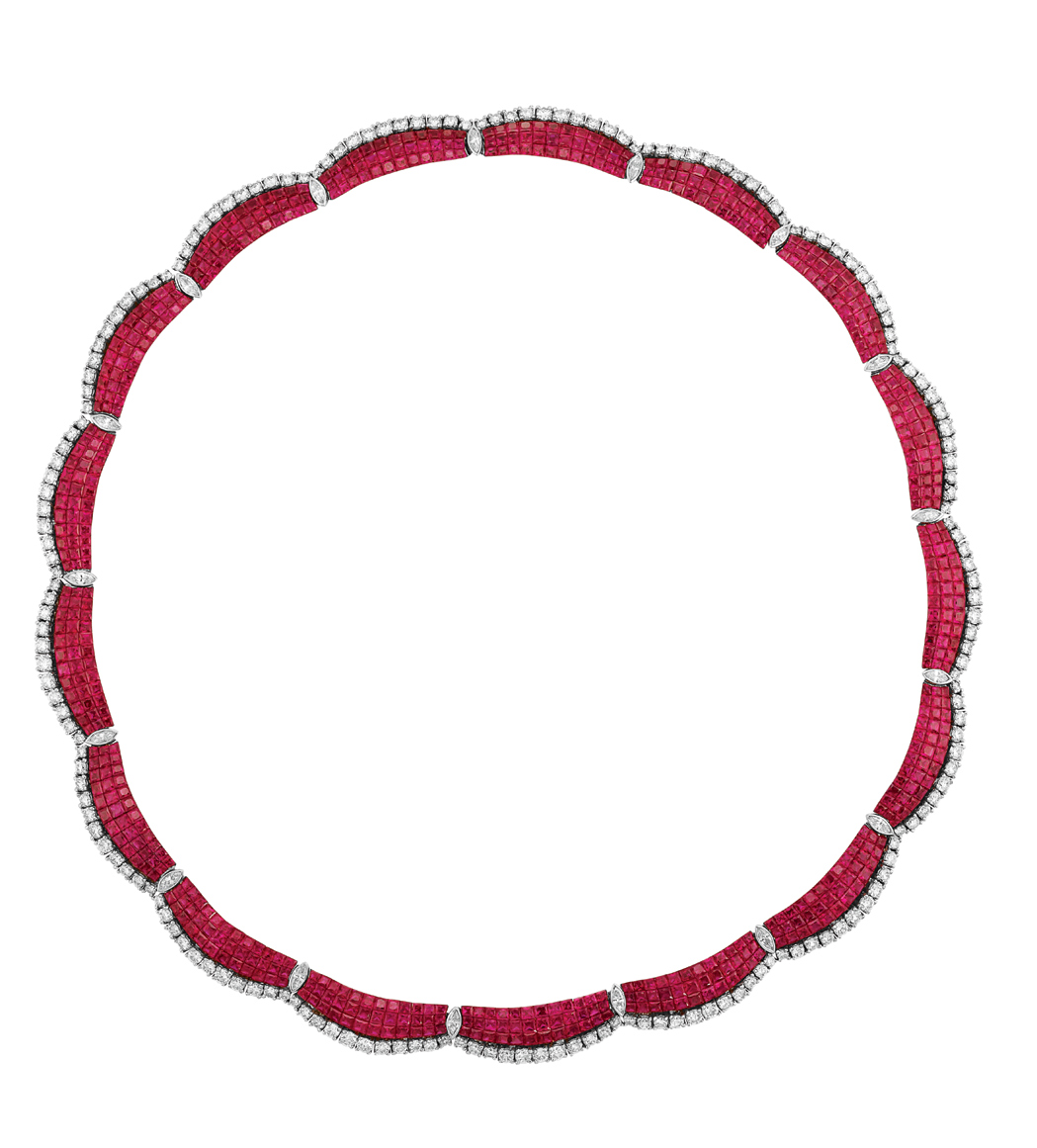 Appraisal: Gold Platinum Invisibly-Set Ruby and Diamond Necklace kt the collar