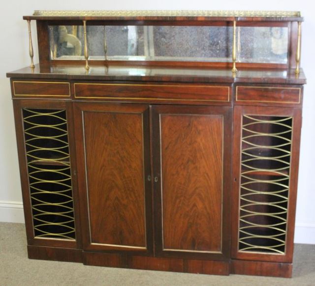 Appraisal: Regency Rosewood Server with Mirrored Backsplashand Brass Inlay A nice