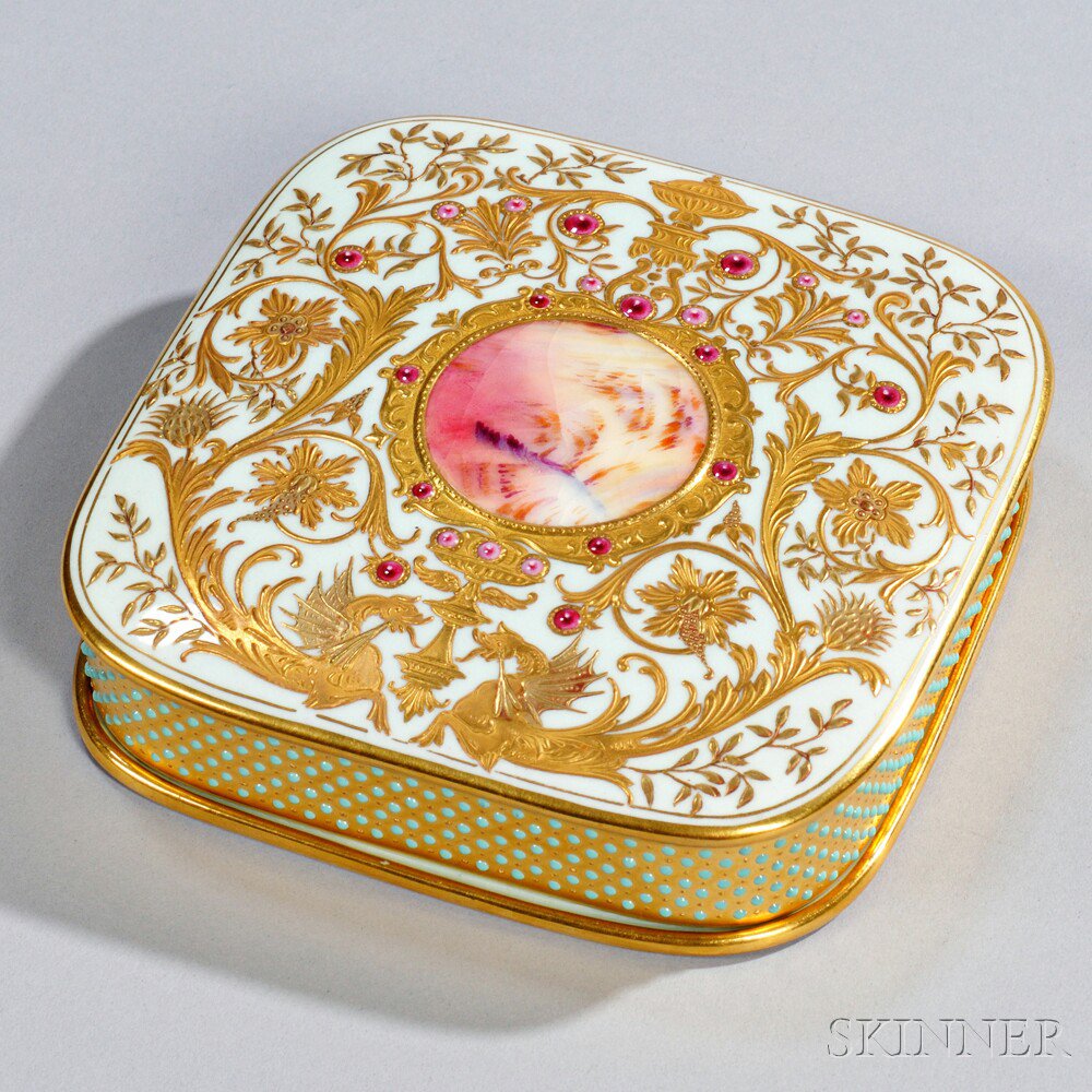 Appraisal: Jeweled Coalport Porcelain Square Box and Cover England late th