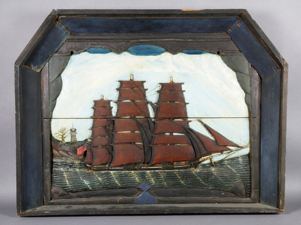 Appraisal: - Carved Shadow Box with Model of American Clipper Ship