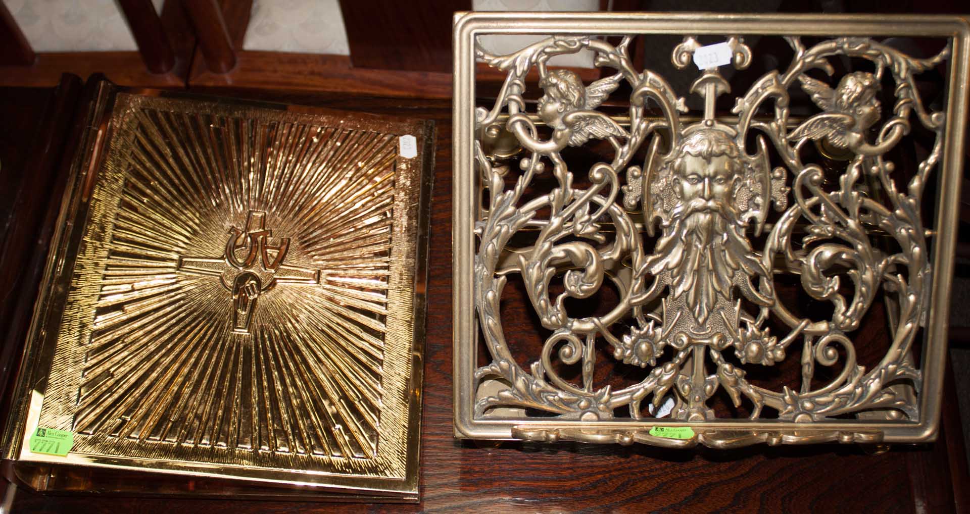 Appraisal: Gilt-metal bible cover and an ornate book stand