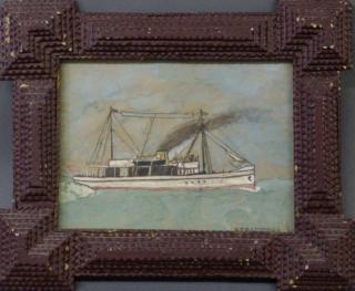 Appraisal: Framed gouche Tramp art framed gouache of a steam ship