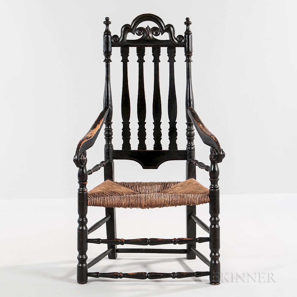 Appraisal: Black-painted Turned and Carved Bannister-back Armchair Black-painted Turned and Carved