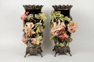 Appraisal: Pair Faience Pottery Vases Poss Edouard Gilles Pair of Continental