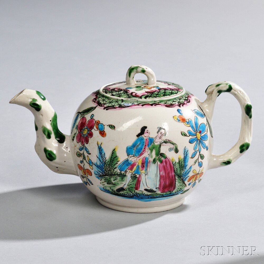 Appraisal: Staffordshire Polychrome Enameled White Salt Glazed Stoneware Teapot and Cover