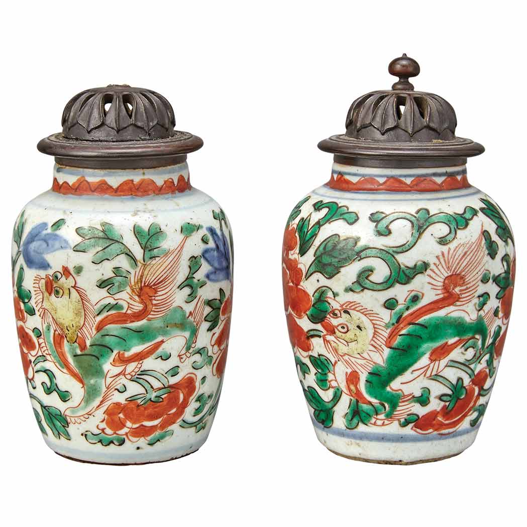 Appraisal: Two Similar Chinese Wucai Glazed Porcelain Jars Transitional Period Each