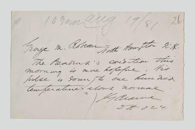 Appraisal: James G Blaine Garfield condition report autograph telegram in brown