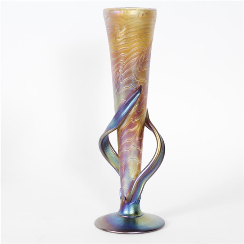 Appraisal: Igor Muller Bohemian art glass iridescent trumpet flower vase Signed